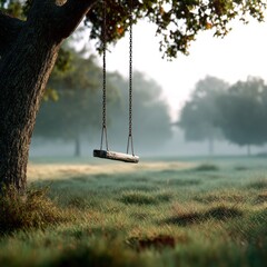 Poster - A swing made of wood and chains hangs gently from a sturdy tree branch. Morning mist envelops the peaceful landscape, creating a serene atmosphere