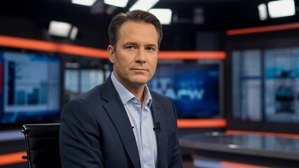 Professional male news anchor sits seriously at a desk in a modern television studio with screens, ready to deliver news, representing broadcasting and reliable information sources