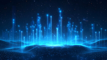 Fototapete - Futuristic digital landscape with electric blue grid terrain and glowing light beams under a starry night sky. Abstract wireframe in dark blue adds depth and vastness.