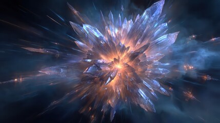Poster - Bright shards of light burst from a crystal formation, illuminating the surrounding space with brilliant colors. The explosion creates a striking visual effect, showcasing nature’s raw power