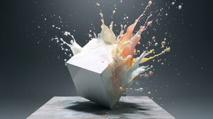 Poster - In slow motion, vibrant paint splashes dramatically from a floating cube, creating a mesmerizing display of color and movement against a dark backdrop