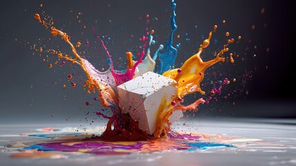 Poster - Vibrant paint splashes emerge in slow motion, surrounding a white geometric shape as it crashes onto a surface. Colors blend beautifully, creating an artistic spectacle of movement