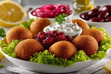 Aufkleber - Delicious platter of falafel with fresh toppings and sides prepared in a cozy kitchen setting