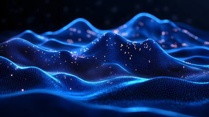 Fototapete - Abstract wireframe landscape in dark blue. A three-dimensional, wavy terrain of blue dots with scattered glowing orange lights creates a digital and modern background. Abstract wireframe in dark blue