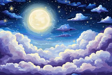 Wall Mural - dreamy nightscape painting of full moon shining above fluffy clouds and twinkling stars in dark blue
