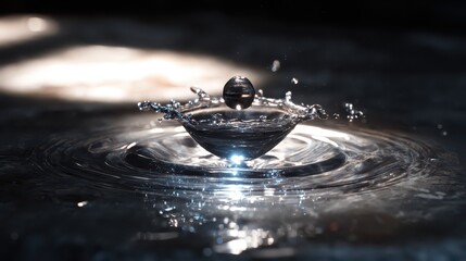 Poster - A striking moment captures fluid metal in a splash, forming a crown around a floating solid. Light highlights the motion against a dark background, bringing energy to the scene