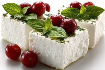Poster - Fresh cheese with herbs and red fruits on a white background in a culinary presentation