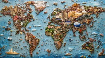 Poster - A world map composed of tiny photographs representing different cultures, landscapes, and landmarks from around the globe.