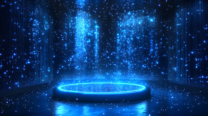 Fototapete - Futuristic stage illuminated with neon-blue light amid pixelated digital rain. Reflective surface enhances the virtual ambiance. Evokes immersive, abstract wireframe in dark blue.