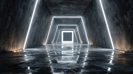 Poster - A geometric tunnel extends into the distance, featuring glowing lights along its edges. The floor reflects the illumination, creating a mesmerizing effect in a stark environment