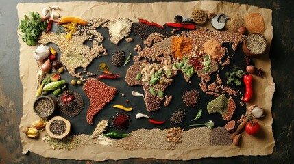 Poster - A world map entirely made of food ingredients, where each continent is represented by traditional cuisines and spices.