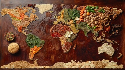 Poster - A world map entirely made of food ingredients, where each continent is represented by traditional cuisines and spices.
