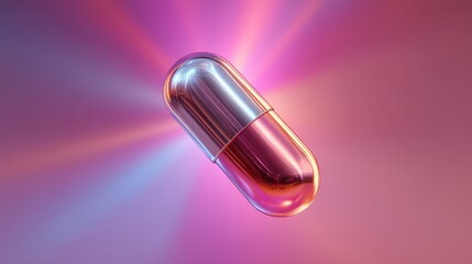 Poster - A glossy capsule rotates gracefully in a vibrant space filled with colorful lighting effects. The dynamic hues create an energetic atmosphere, enhancing the visual appeal of the capsule