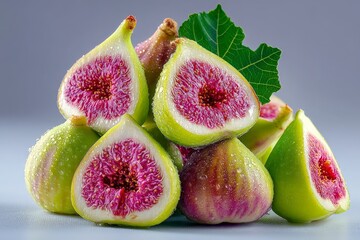Poster - Fresh figs arranged artistically with water droplets on a neutral background showcasing their vibrant colors