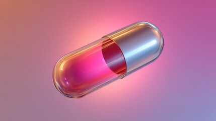Fototapete - A sleek, glossy capsule-shaped object elegantly rotates against a backdrop of vibrant colors, creating a mesmerizing effect as it moves through the vast expanse of space