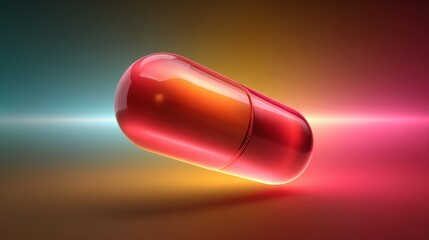 Poster - A glossy capsule object floats and spins in a dynamic space environment filled with vibrant hues. The captivating colors blend beautifully, enhancing the visual appeal of this otherworldly scene