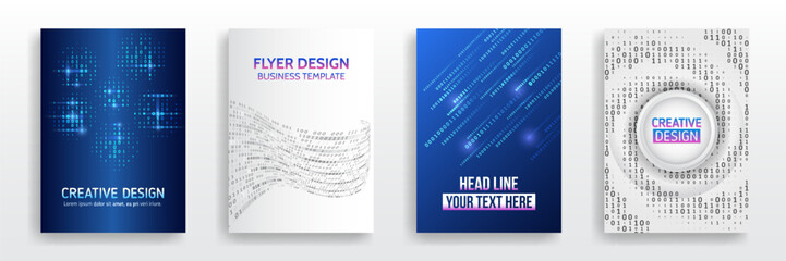 Aufkleber - Blue futuristic designs with glowing ones and zeros. Suitable for cybersecurity, programming topics. Set of flyer and brochure cover templates with abstract digital binary code background.