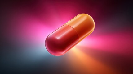 Poster - A glossy capsule object turns gracefully in a colorful space environment, displaying vivid hues of pink and blue, illuminating its surface with a captivating glow during an ethereal moment
