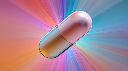 Fototapete - A glossy capsule-shaped object spins gracefully in a colorful cosmic environment. The vibrant colors radiate as the capsule moves, creating a captivating visual effect in space