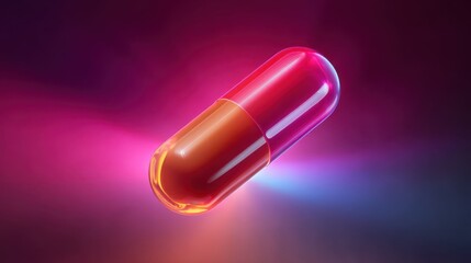 Fototapete - A glossy capsule object spins gracefully in the depths of space, surrounded by vibrant hues of purple and pink light, creating an ethereal atmosphere and captivating visual experience