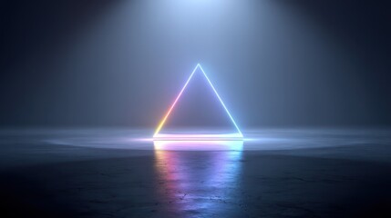 Poster - A vibrant holographic triangle glows in the dark with its edges illuminated in shades of blue and pink. The reflective floor captures the light, creating an ethereal atmosphere
