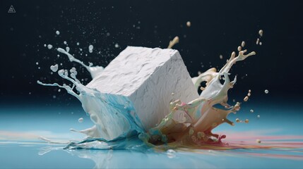 Poster - A cube falls into vibrant paint, creating dramatic splashes that mix colors. Splattering droplets capture the motion in a colorful display on the surface below