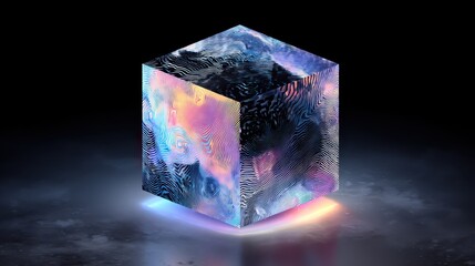 Fototapete - A cube displays an animated surface with vibrant colors and intricate patterns. The surrounding area is dark, enhancing the visual effects of the illuminated cube