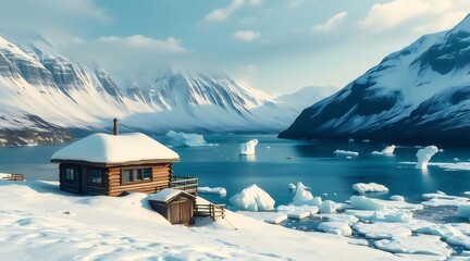Aufkleber - 雪に覆われた山々と氷河湖のほとりにある木造小屋の冬の風景 シーン 水辺の景色 自然の美しさ 青空と白い雪のコントラスト