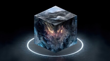 Fototapete - A cube appears with an animated surface, exhibiting mesmerizing patterns and colors in a dark environment. The visual display creates a captivating focal point, enhancing the atmosphere