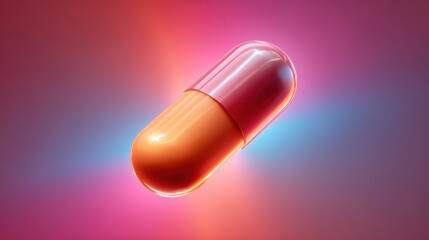 Poster - A glossy capsule object hovers in mid-air, illuminated by colorful lights that create a striking gradient background. The sleek design emphasizes its smooth surface and shiny finish