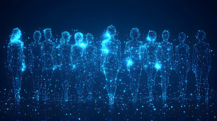 Fototapete - Futuristic network of interconnected wireframe figures glows against a dark blue backdrop. Conceptual digital representation of individuals. Abstract wireframe in dark blue.
