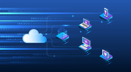 Poster - Cloud computing and data protection concept with connected devices. Isometric design showing secure data exchange between cloud, laptops, servers, and mobile devices.