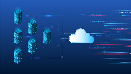 Poster - Isometric cloud computing concept with server data centers connected to a cloud. Digital data transfer and storage technology illustration in a futuristic style.