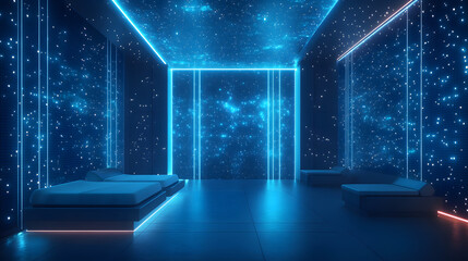 Fototapete - Futuristic room bathed in cosmic blue light, featuring grid patterns, neon lights, and platform beds with warm accents. Creates an otherworldly, abstract wireframe in dark blue ambiance.