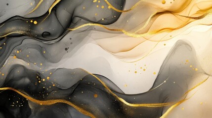 Poster - An abstract liquid background with golden and black ink flowing together, forming an elegant and luxurious design