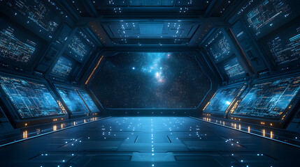 Poster - Futuristic spaceship interior with a vast viewport showcasing stars and galaxies. Metallic blue panels and data screens create a high-tech, cool ambiance. Abstract wireframe in dark blue.