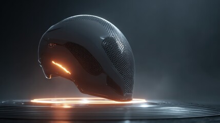 Poster - A sleek, high-tech helmet hovers effortlessly above a glowing circular platform, creating a dynamic shadow as light reflects off its surface. The atmosphere embodies a sense of advanced technology