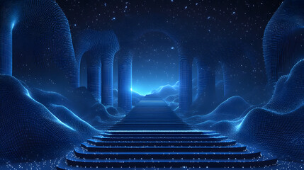 Aufkleber - Futuristic digital landscape. A grand staircase with wireframe hills and columns under a starry sky evokes a sense of otherworldly journey. Abstract wireframe in dark blue.