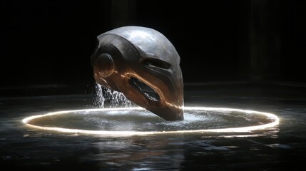 Poster - A levitating helmet hovers over a luminous circular outline, casting intricate shadows on the surrounding surface. The atmosphere is dark and mysterious, enhancing the helmet’s sleek design