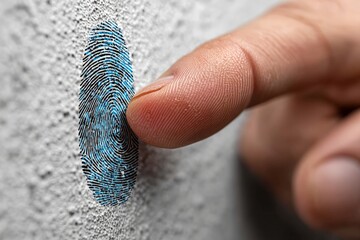 Poster - Finger presses against a textured surface displaying a blue and black fingerprint design, showcasing an artistic fusion of technology and art