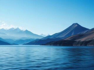 Poster - 青い空と山脈の息をのむような景色 広大な湖に反射する穏やかな水面 静けさと自然の美しさを描いたパノラマ風景