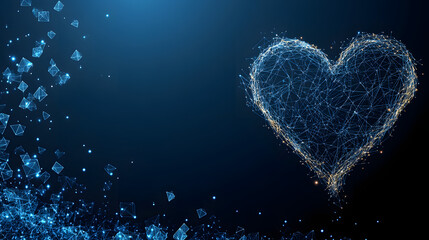 Fototapete - Futuristic heart design formed by connected lines and dots, emerging from a similar network structure. Cool blue tones convey a sense of technology and innovation. Abstract wireframe in dark blue