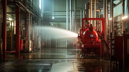 Poster - automated fire sprinkler system in a manufacturing facility, designed to protect machinery and worke