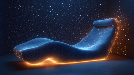 Leinwandbilder - Futuristic lounge chair glows amidst a starry night. Blue grid design meets warm golden light, creating a dreamy, modern escape. Abstract wireframe in dark blue.