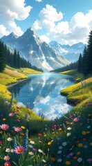 Poster - 晴れた日に花が咲く山岳湖の風景 ピクセルアートスタイル ブルーの空と白い雲が水面に反射する木々