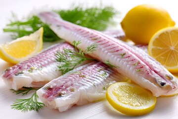 Aufkleber - Freshly prepared fish fillets garnished with herbs and lemon slices ready for cooking