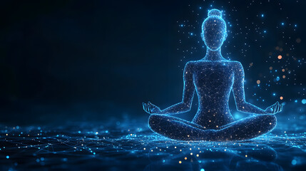Leinwandbilder - Futuristic digital figure meditating in a cross-legged pose. Glowing blue network creates a spiritual, ethereal feel. Serene wireframe conveys technology and peace. Abstract wireframe in dark blue