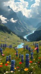 Poster - 青い川が流れる緑豊かな山の谷のカラフルな野原と明るい晴天の日のドラマチックな雲