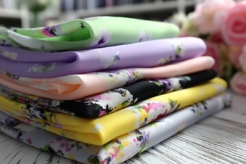 Poster - Colorful floral fabric stack arranged neatly for sewing and crafting activities in a bright workspace