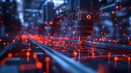 Poster - Futuristic 3D printer with glowing orange accents & red bokeh background. Intricate machinery creates a cyberpunk atmosphere. Abstract wireframe in dark blue.